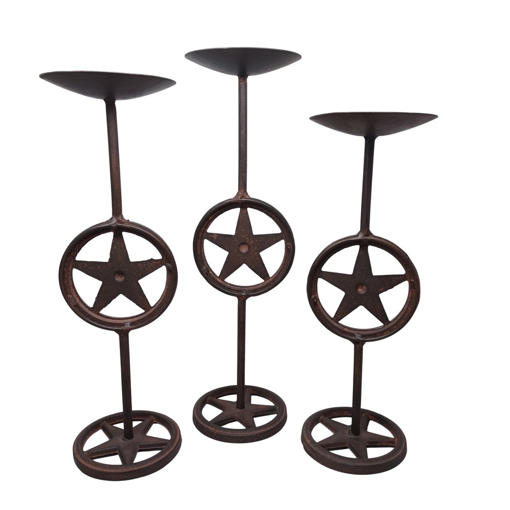 Rustic Cast Iron Texas Star Pillar Candle Holder Set of 3 Bronze Western Decor